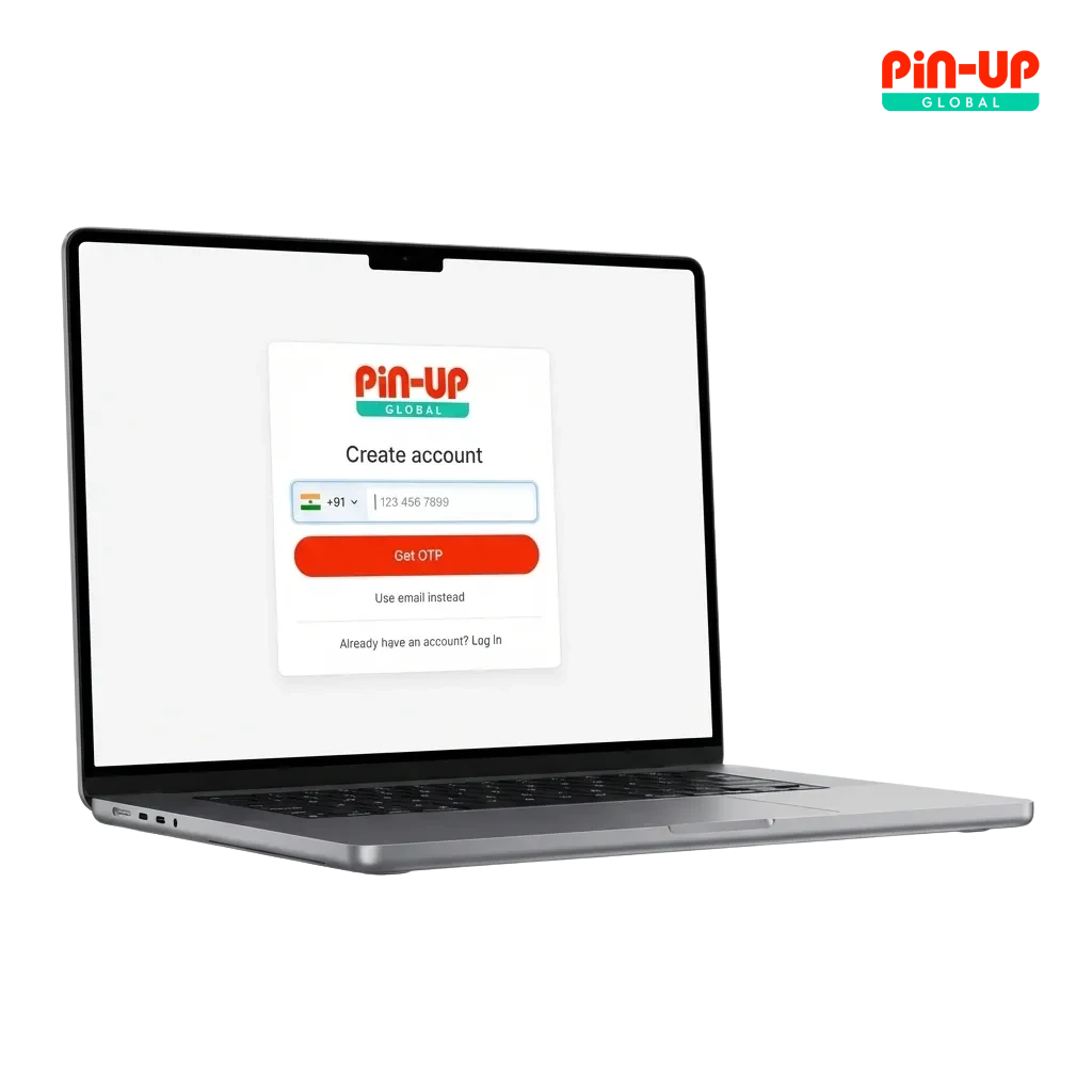 Pin-Up India registration interface showing multiple sign-up options including phone, email, and social media methods