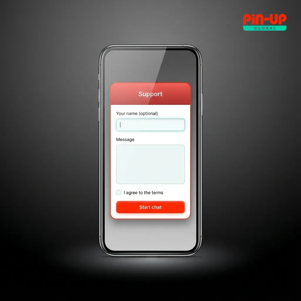 Pin-Up 24/7 customer support interface showing live chat, email, phone options with multilingual assistance available