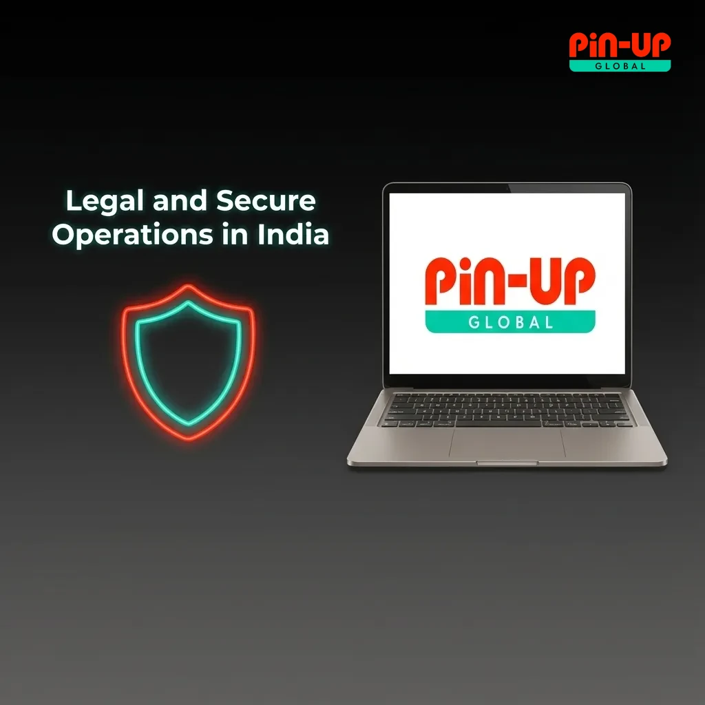 Pin-Up casino platform interface showing security badges, SSL encryption icon, and legal licensing information for India