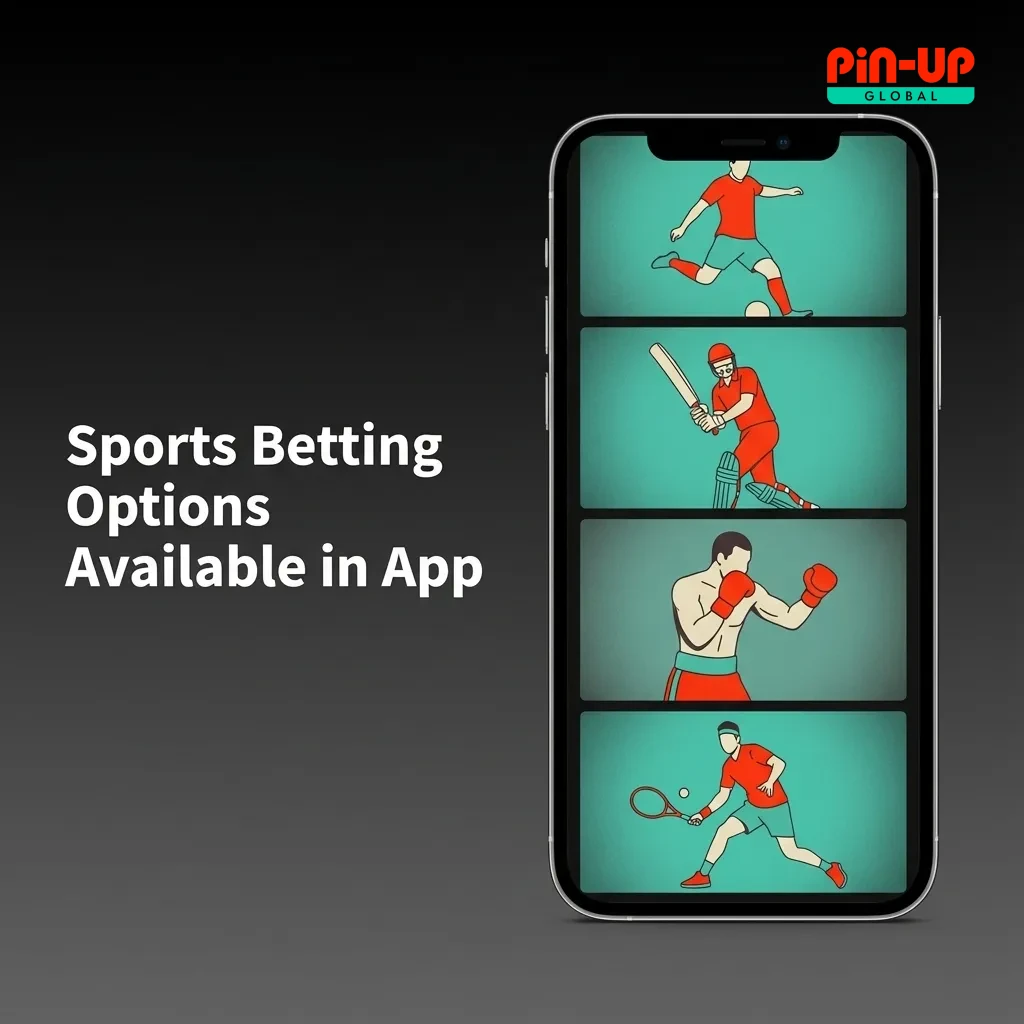 Pin-Up app sports betting interface showing cricket, football, tennis, kabaddi and other popular sports options