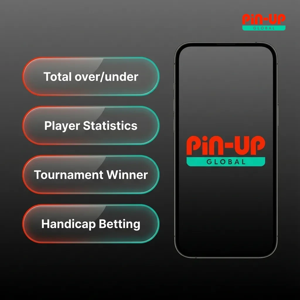 Pin-Up app betting options including single, accumulator, system, chain, and handicap bets displayed in a list format.
