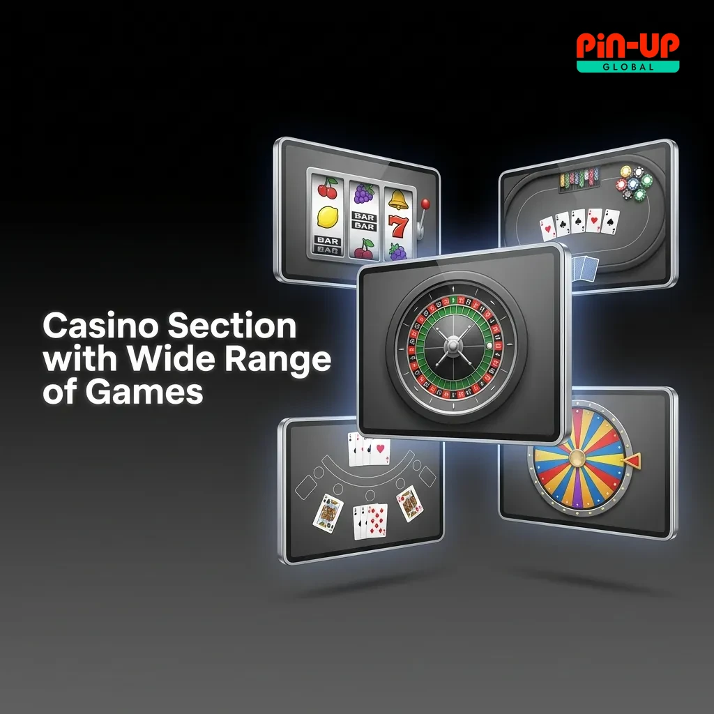 Casino game selection featuring slots, crash games, card games, table games, jackpots, video poker, and instant games.