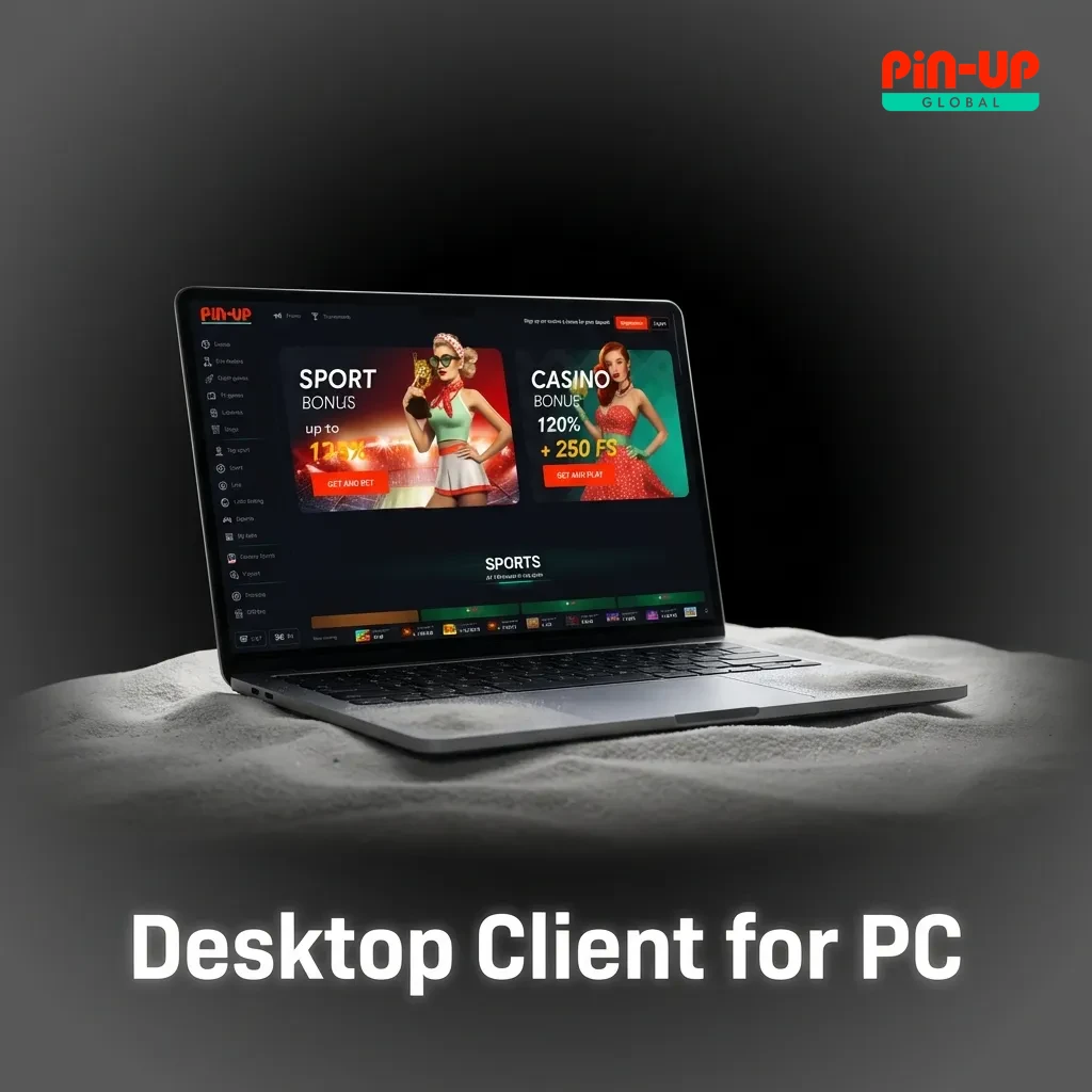 Pin-Up desktop client installation guide showing Windows and Mac download options with step-by-step setup instructions.