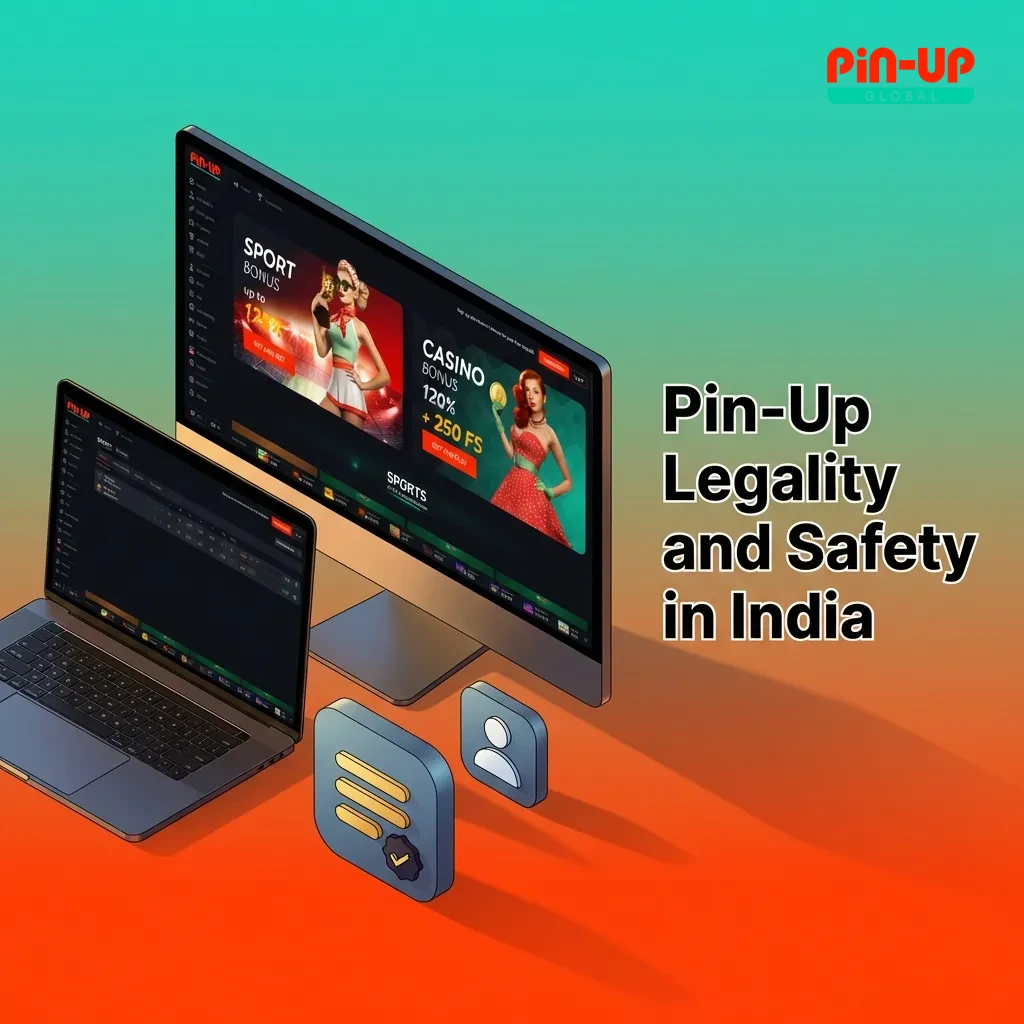 Pin-Up casino's Curaçao license certificate and SSL security badge displayed on computer screen with India map background